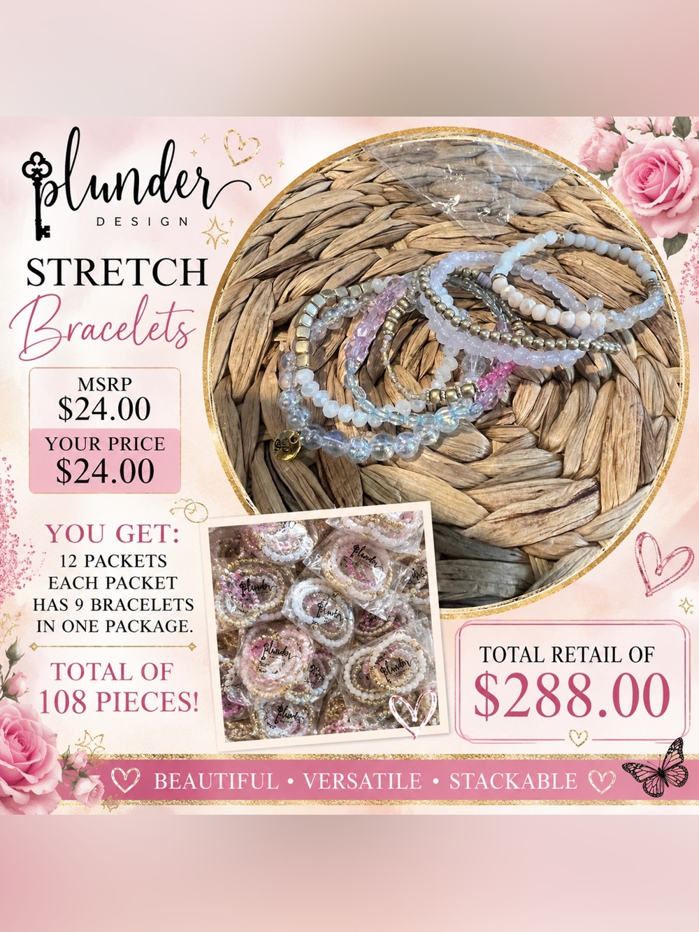 Plunder Pink and Gold Stretch Bracelet Set
